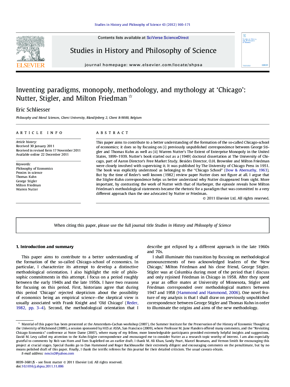 Inventing paradigms, monopoly, methodology, and mythology at ‘Chicago’: Nutter, Stigler, and Milton Friedman 