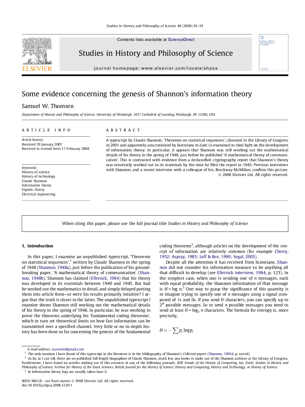 Some evidence concerning the genesis of Shannon’s information theory