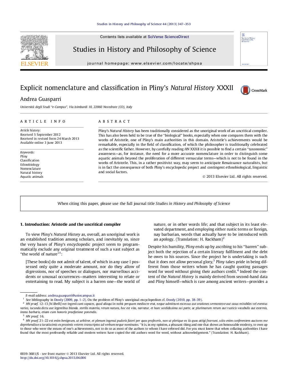 Explicit nomenclature and classification in Pliny’s Natural History XXXII