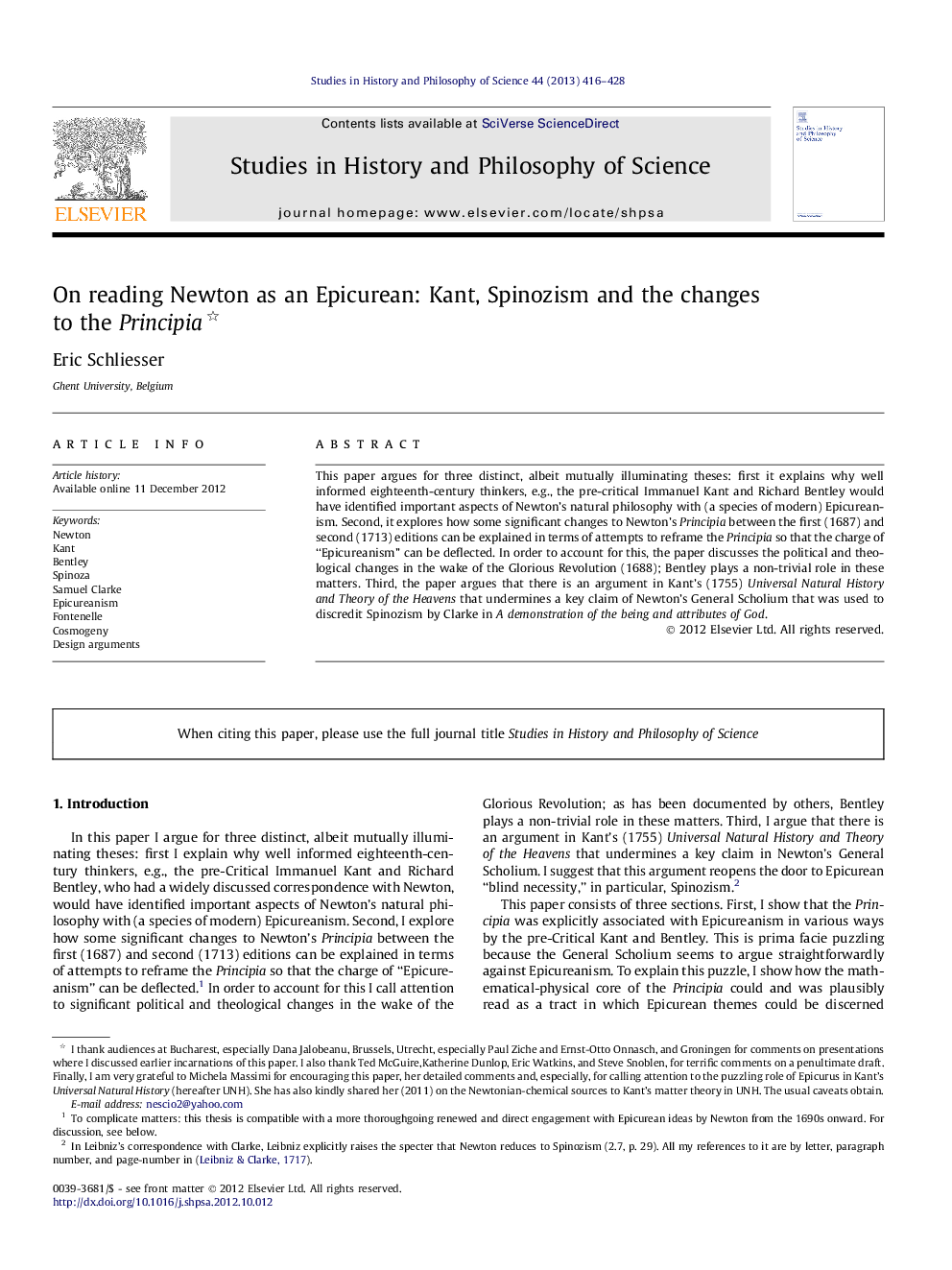 On reading Newton as an Epicurean: Kant, Spinozism and the changes to the Principia 