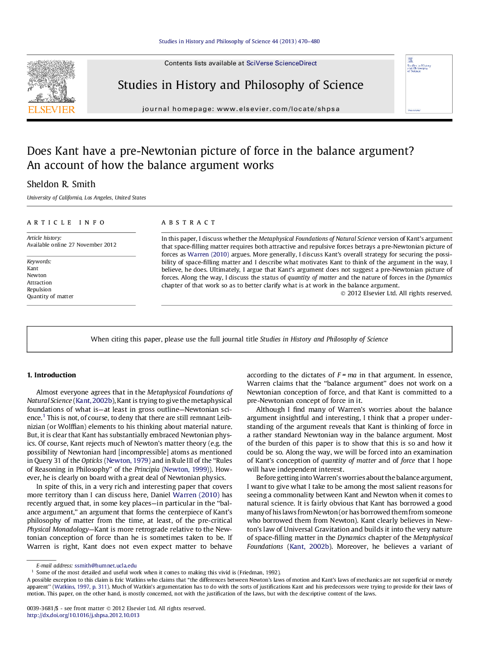 Does Kant have a pre-Newtonian picture of force in the balance argument? An account of how the balance argument works