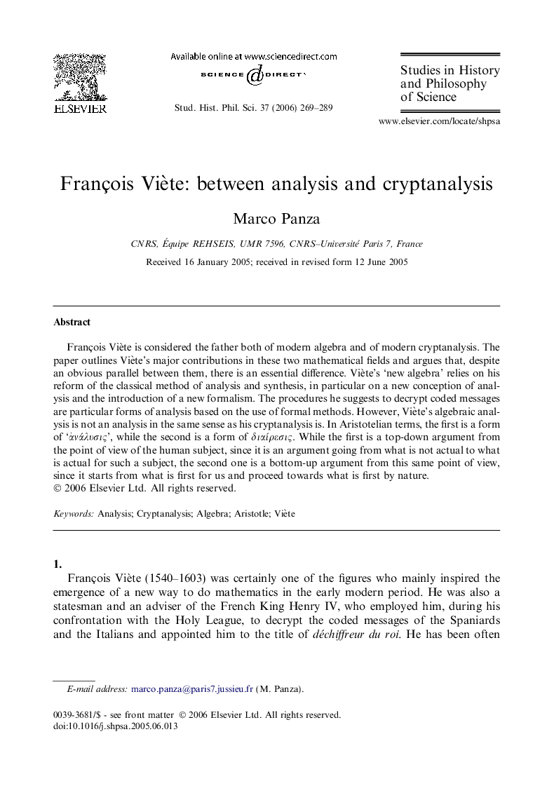 François ViÃ¨te: between analysis and cryptanalysis