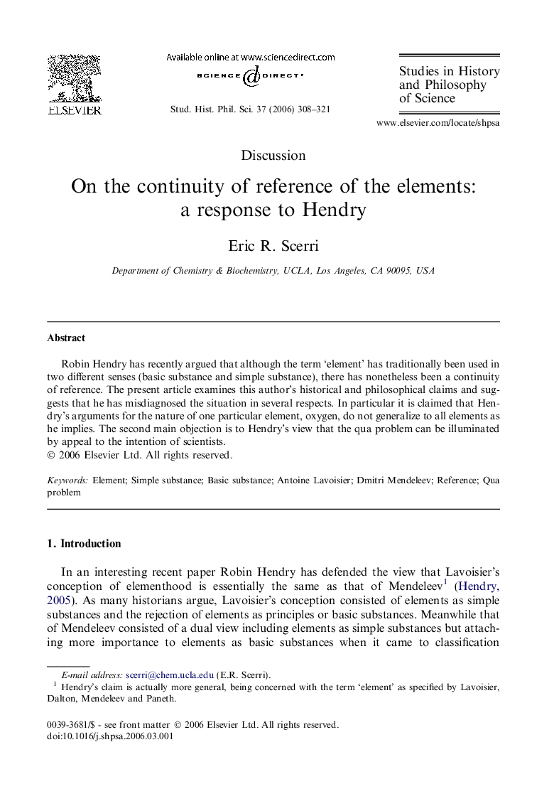 On the continuity of reference of the elements: a response to Hendry