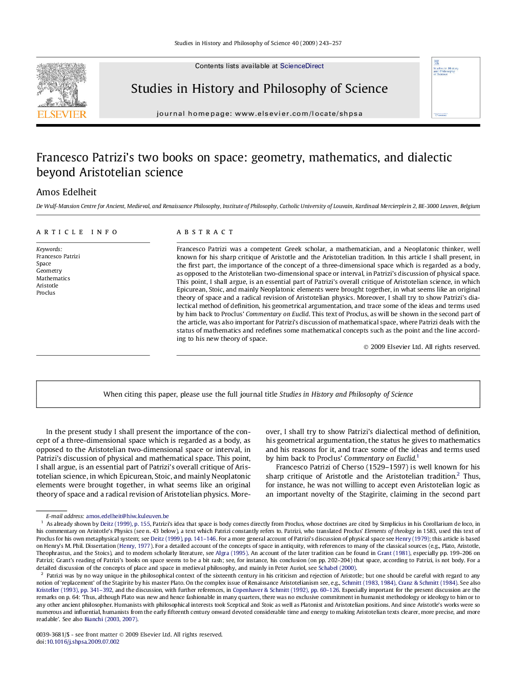 Francesco Patrizi’s two books on space: geometry, mathematics, and dialectic beyond Aristotelian science