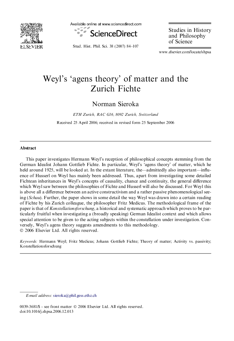 Weyl's 'agens theory' of matter and the Zurich Fichte