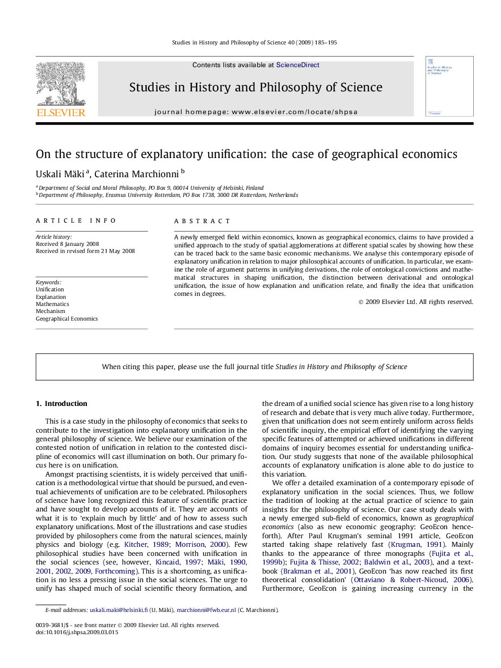 On the structure of explanatory unification: the case of geographical economics