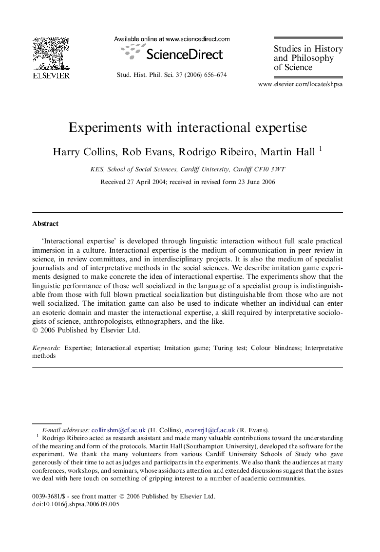 Experiments with interactional expertise