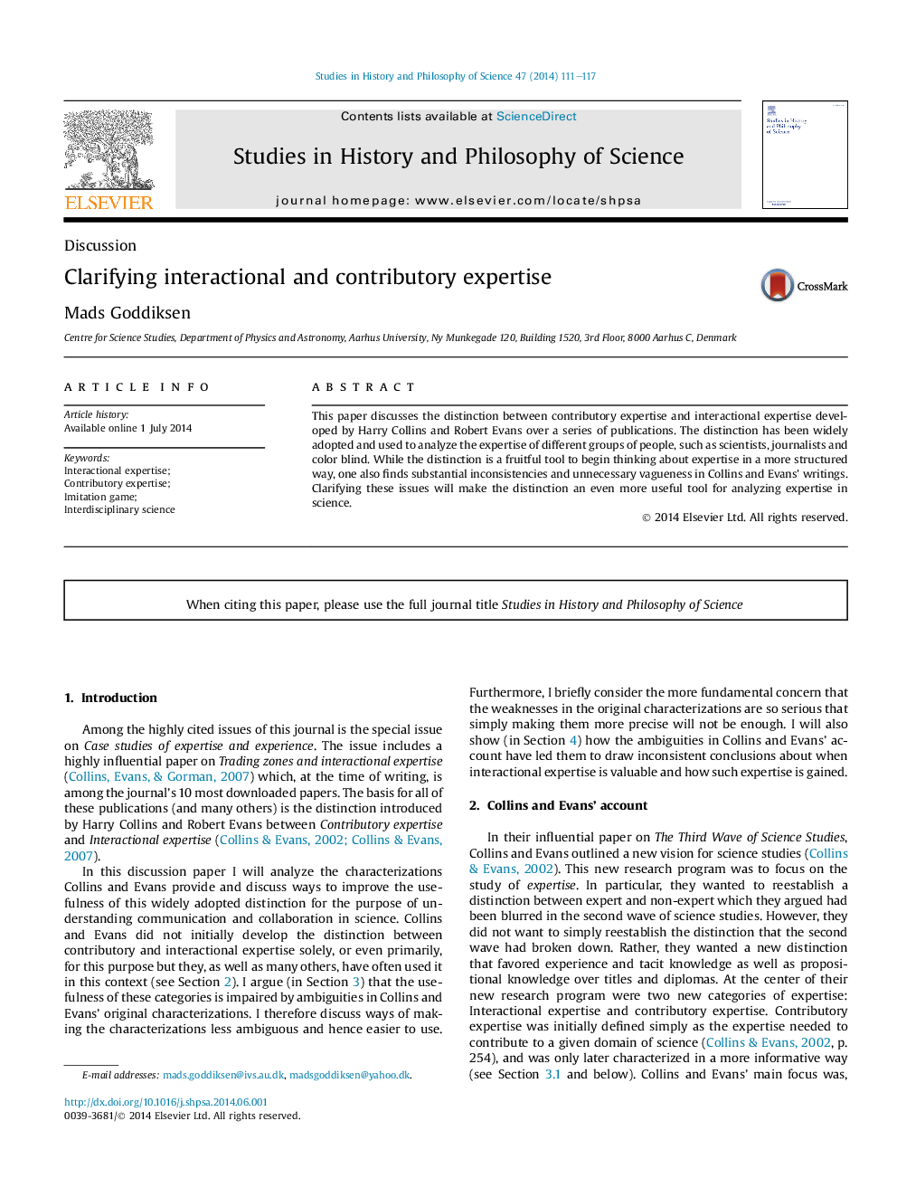 Clarifying interactional and contributory expertise