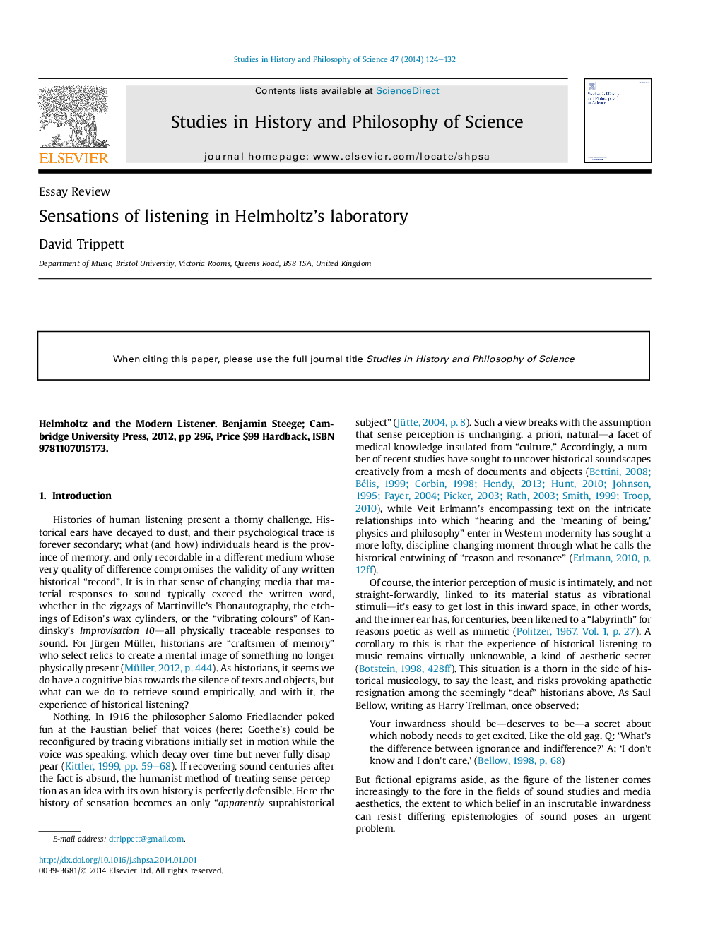 Sensations of listening in Helmholtz's laboratory