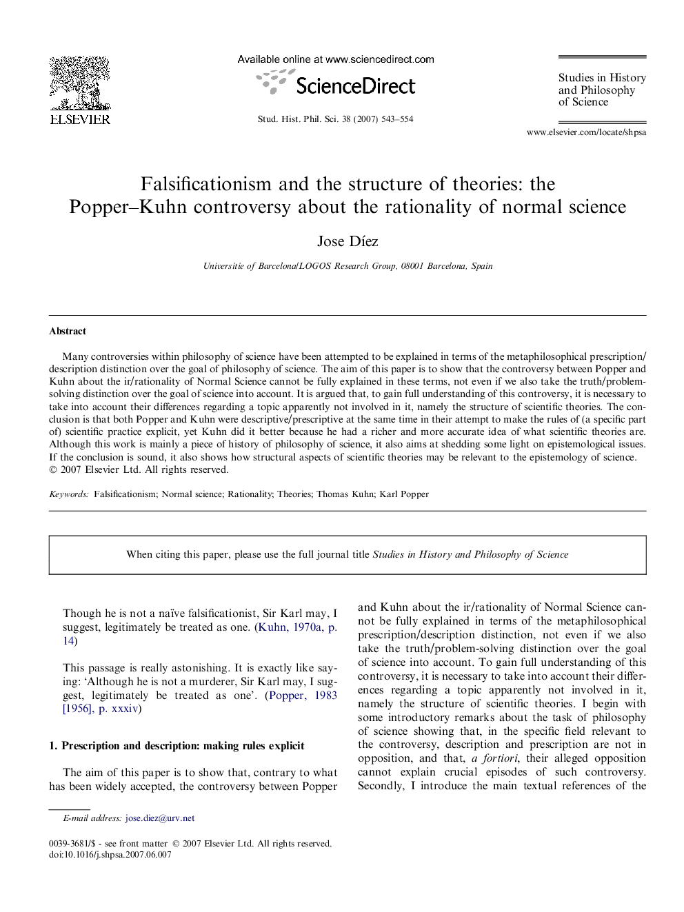 Falsificationism and the structure of theories: the Popper–Kuhn controversy about the rationality of normal science