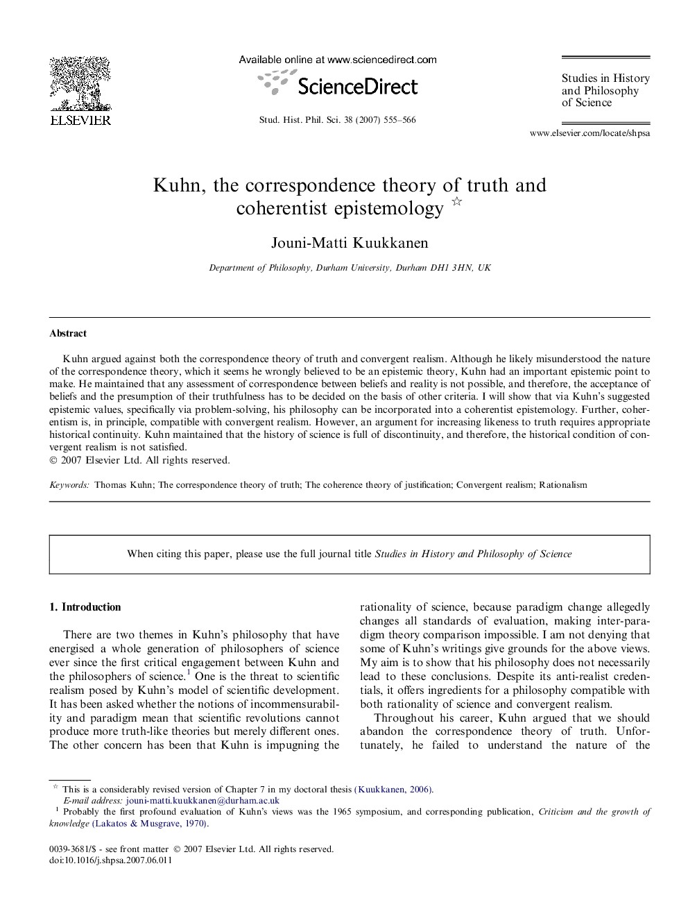 Kuhn, the correspondence theory of truth and coherentist epistemology 