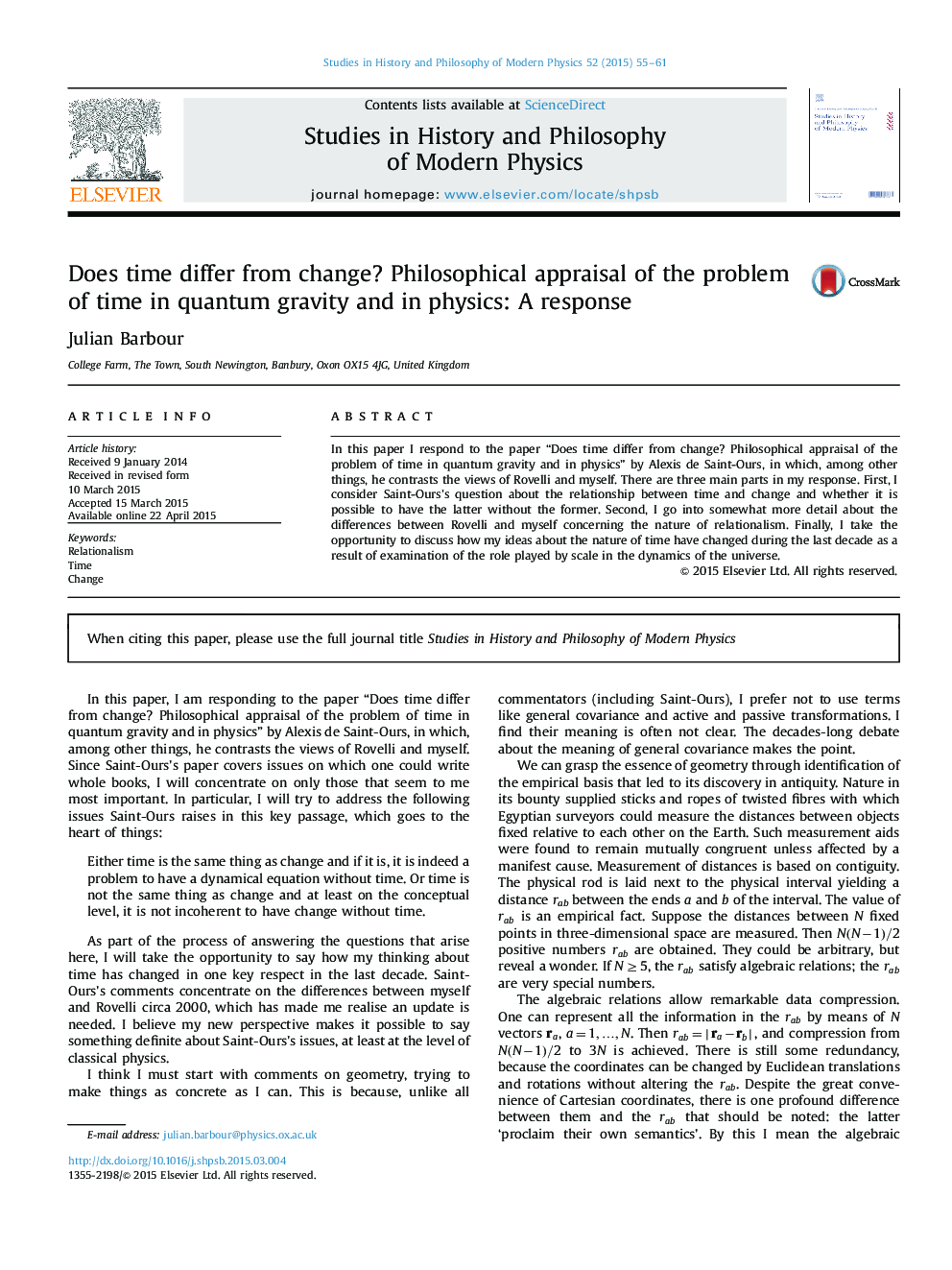 Does time differ from change? Philosophical appraisal of the problem of time in quantum gravity and in physics: A response