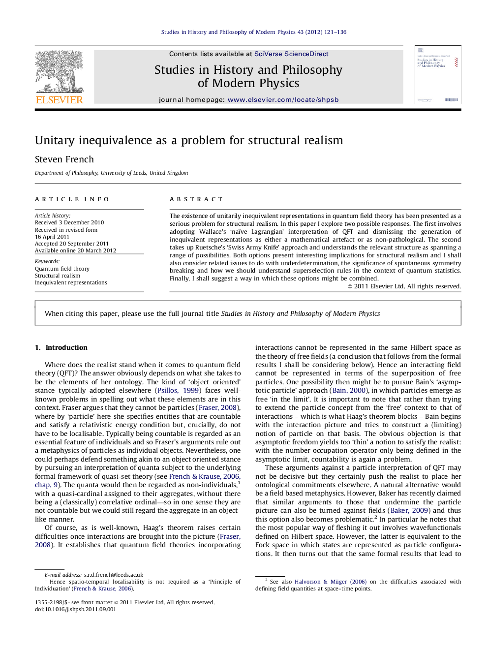 Unitary inequivalence as a problem for structural realism