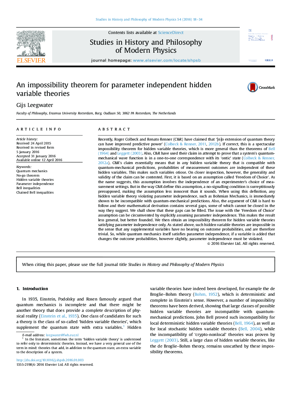 An impossibility theorem for parameter independent hidden variable theories