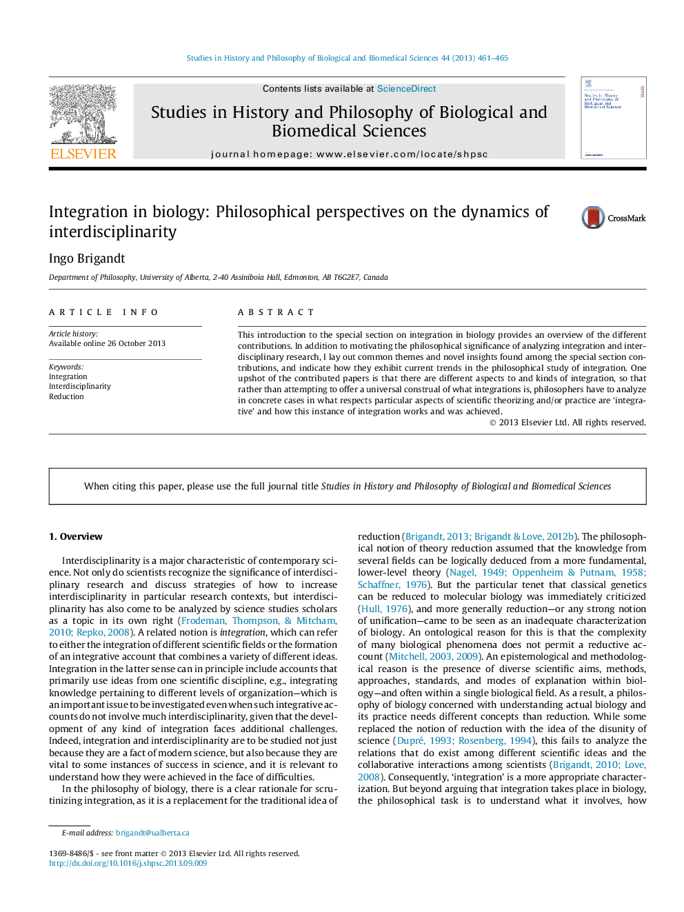 Integration in biology: Philosophical perspectives on the dynamics of interdisciplinarity