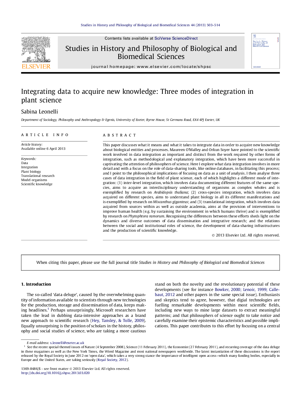 Integrating data to acquire new knowledge: Three modes of integration in plant science