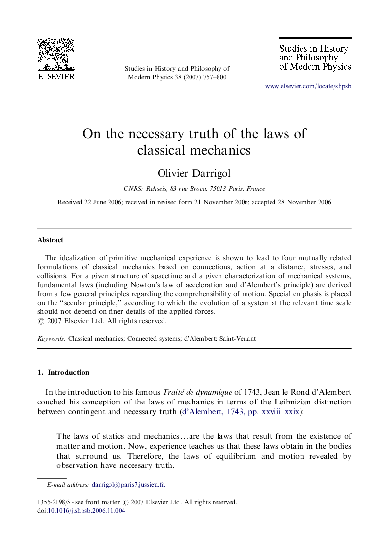 On the necessary truth of the laws of classical mechanics