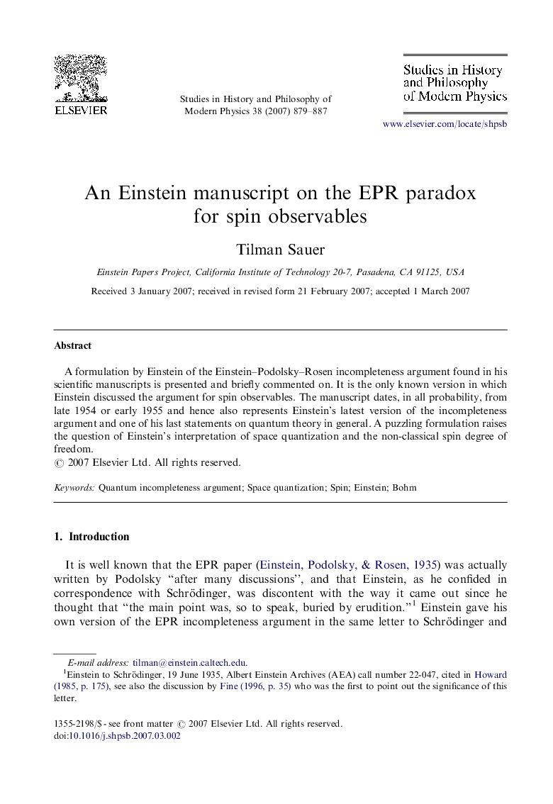 An Einstein manuscript on the EPR paradox for spin observables