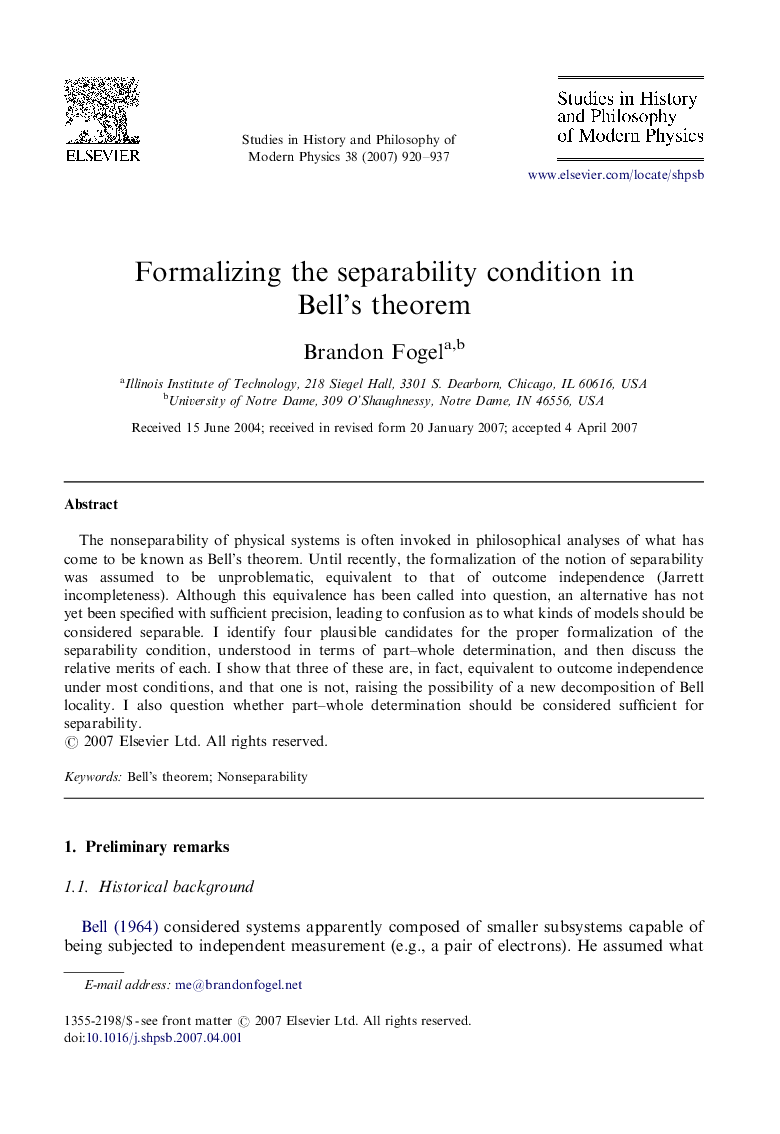 Formalizing the separability condition in Bell's theorem