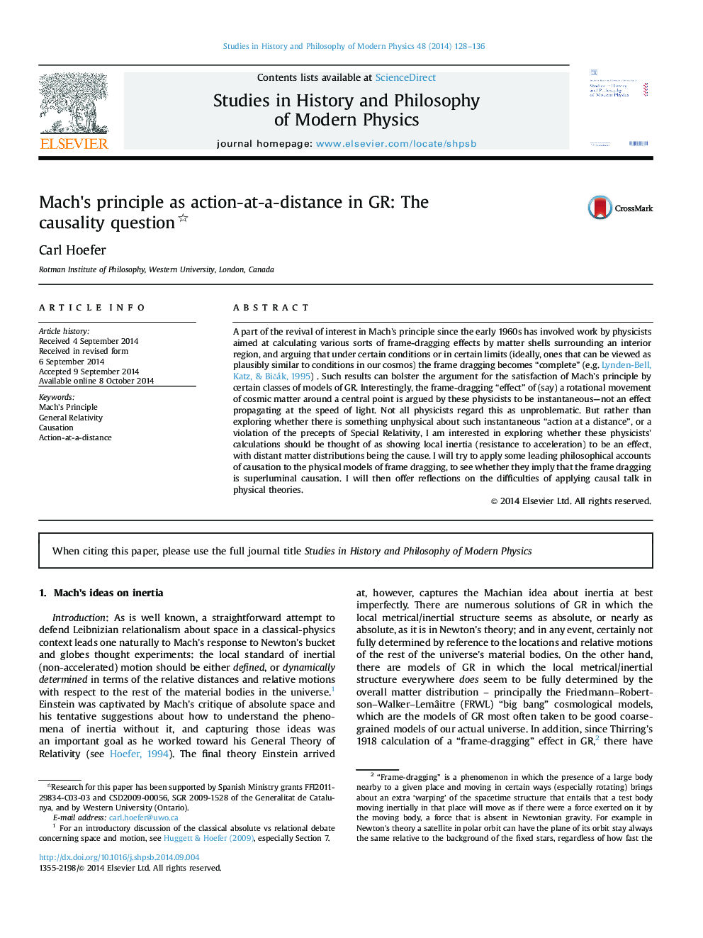 Mach׳s principle as action-at-a-distance in GR: The causality question 