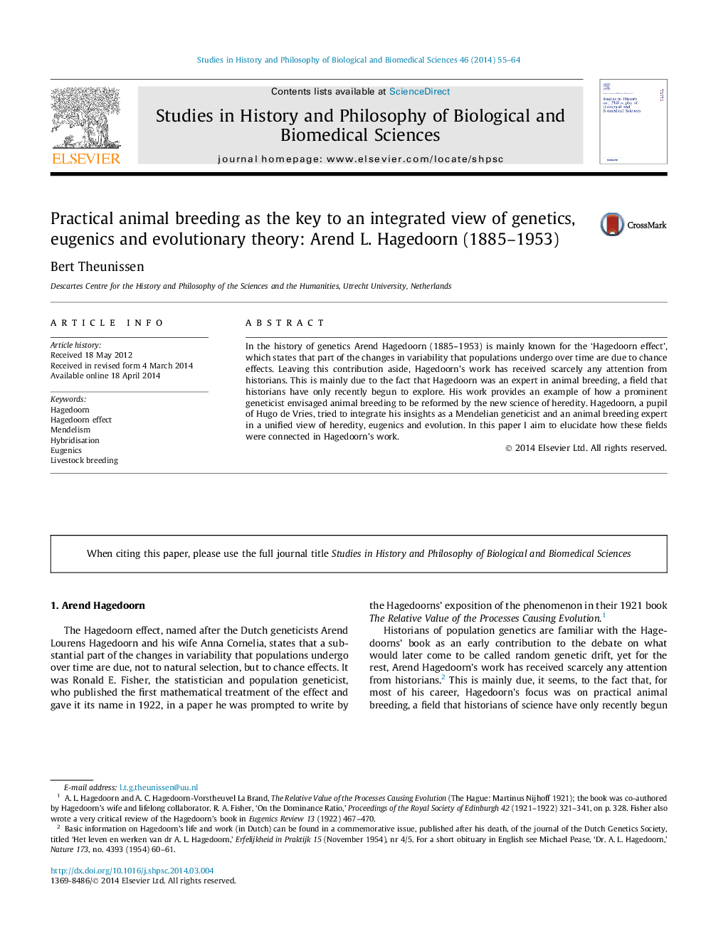 Practical animal breeding as the key to an integrated view of genetics, eugenics and evolutionary theory: Arend L. Hagedoorn (1885–1953)