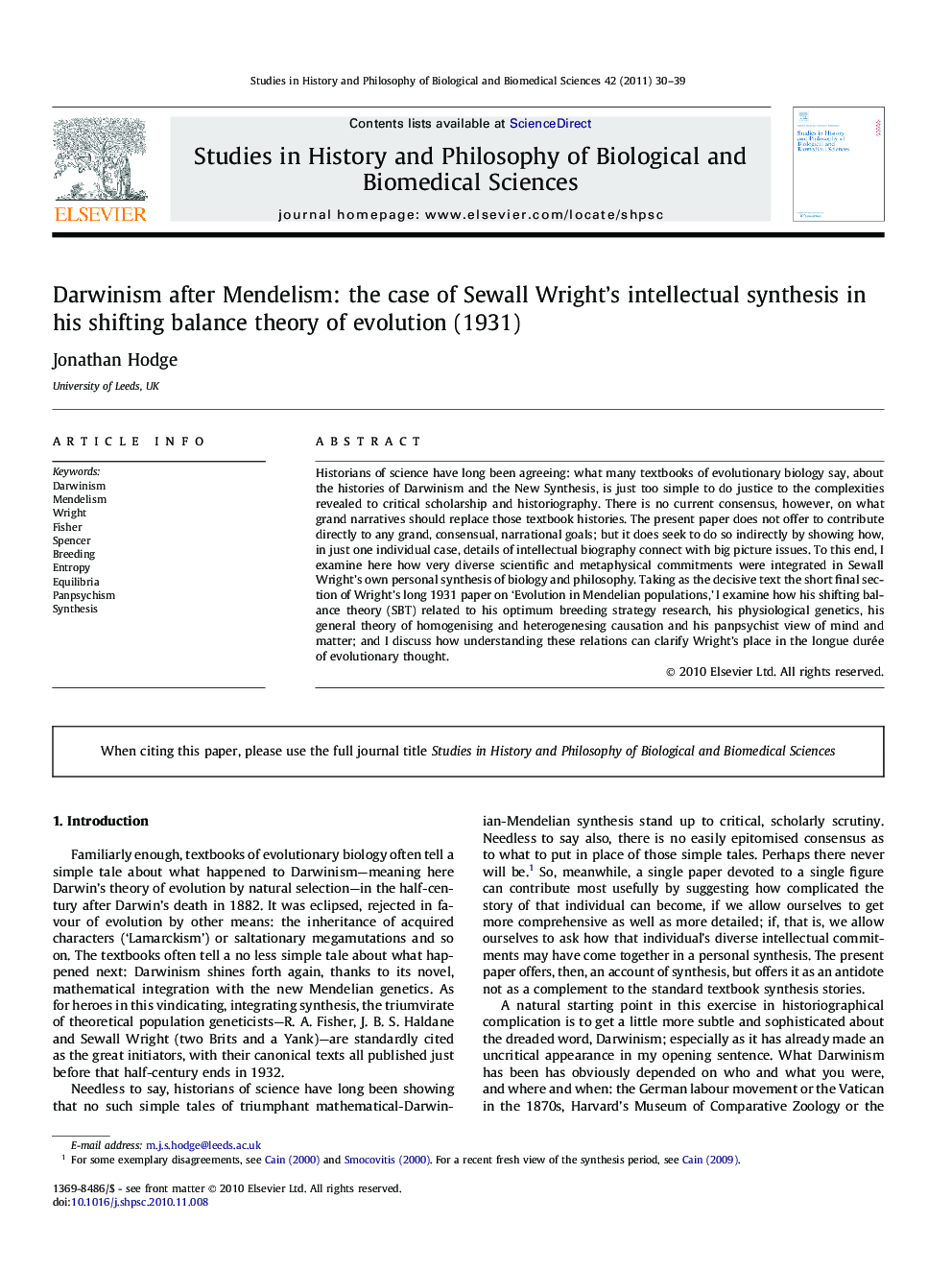 Darwinism after Mendelism: the case of Sewall Wright’s intellectual synthesis in his shifting balance theory of evolution (1931)