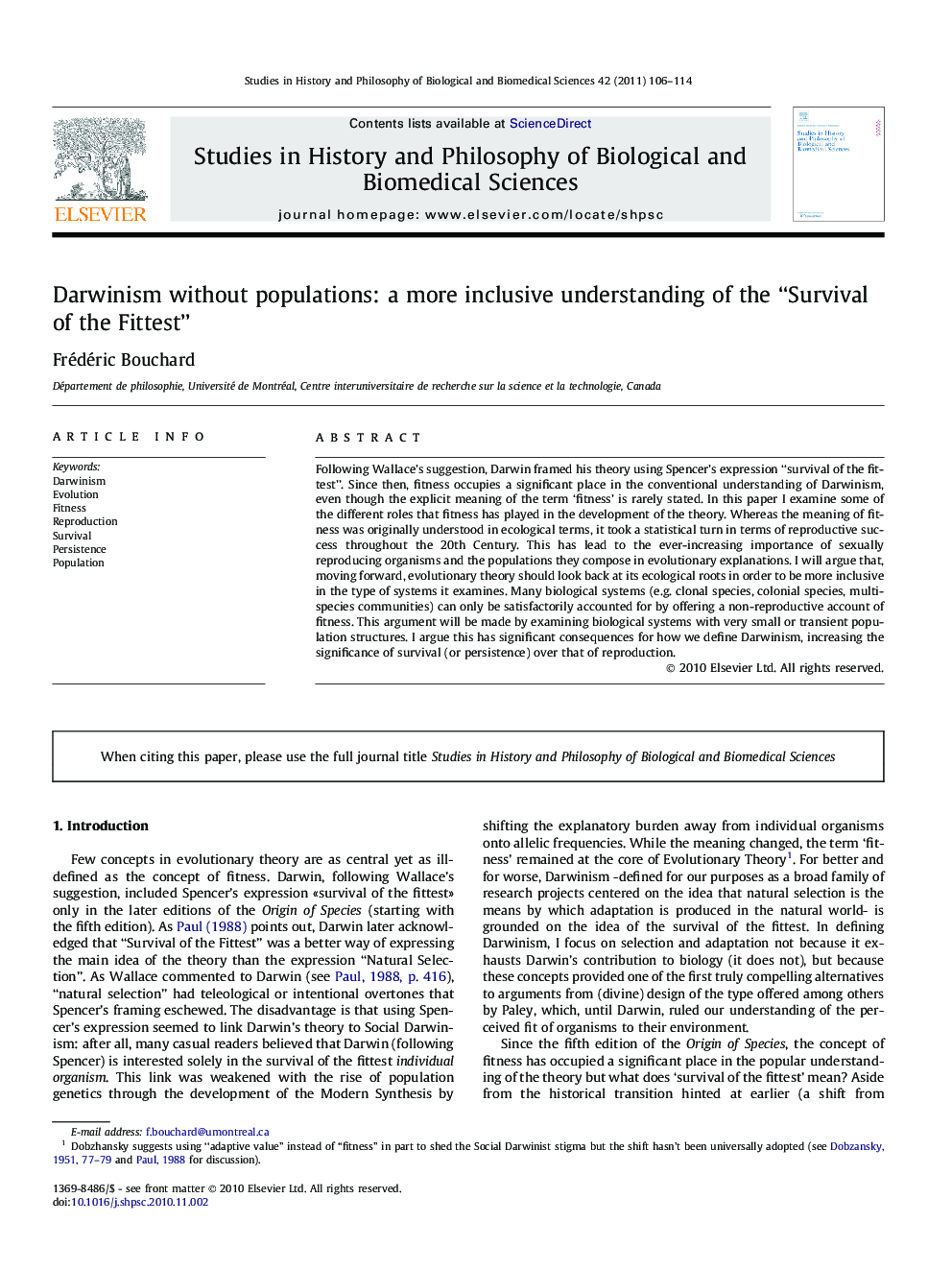 Darwinism without populations: a more inclusive understanding of the “Survival of the Fittest”