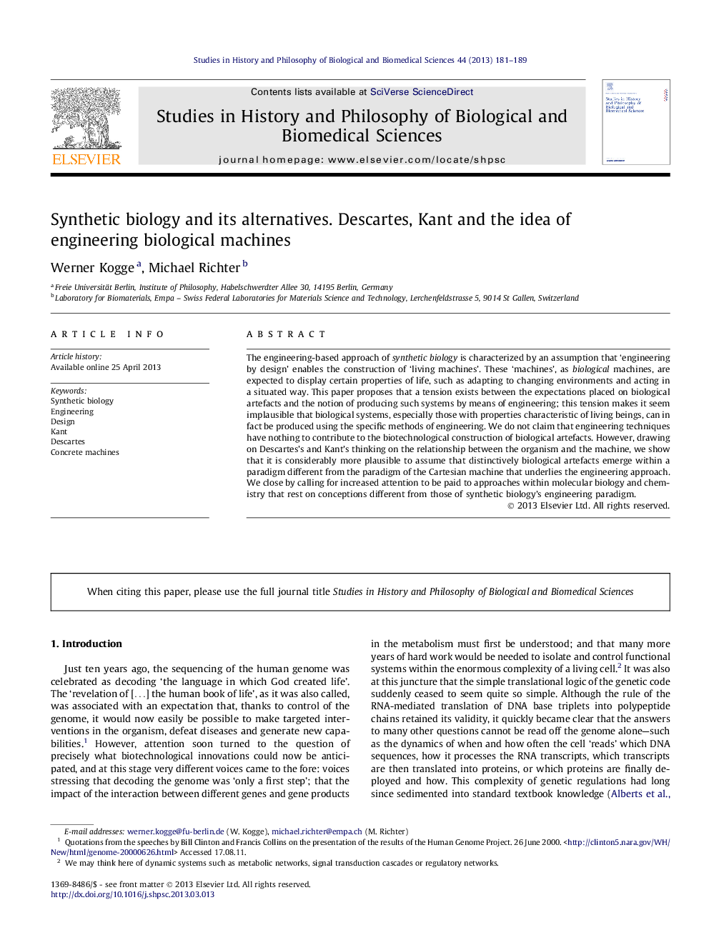 Synthetic biology and its alternatives. Descartes, Kant and the idea of engineering biological machines