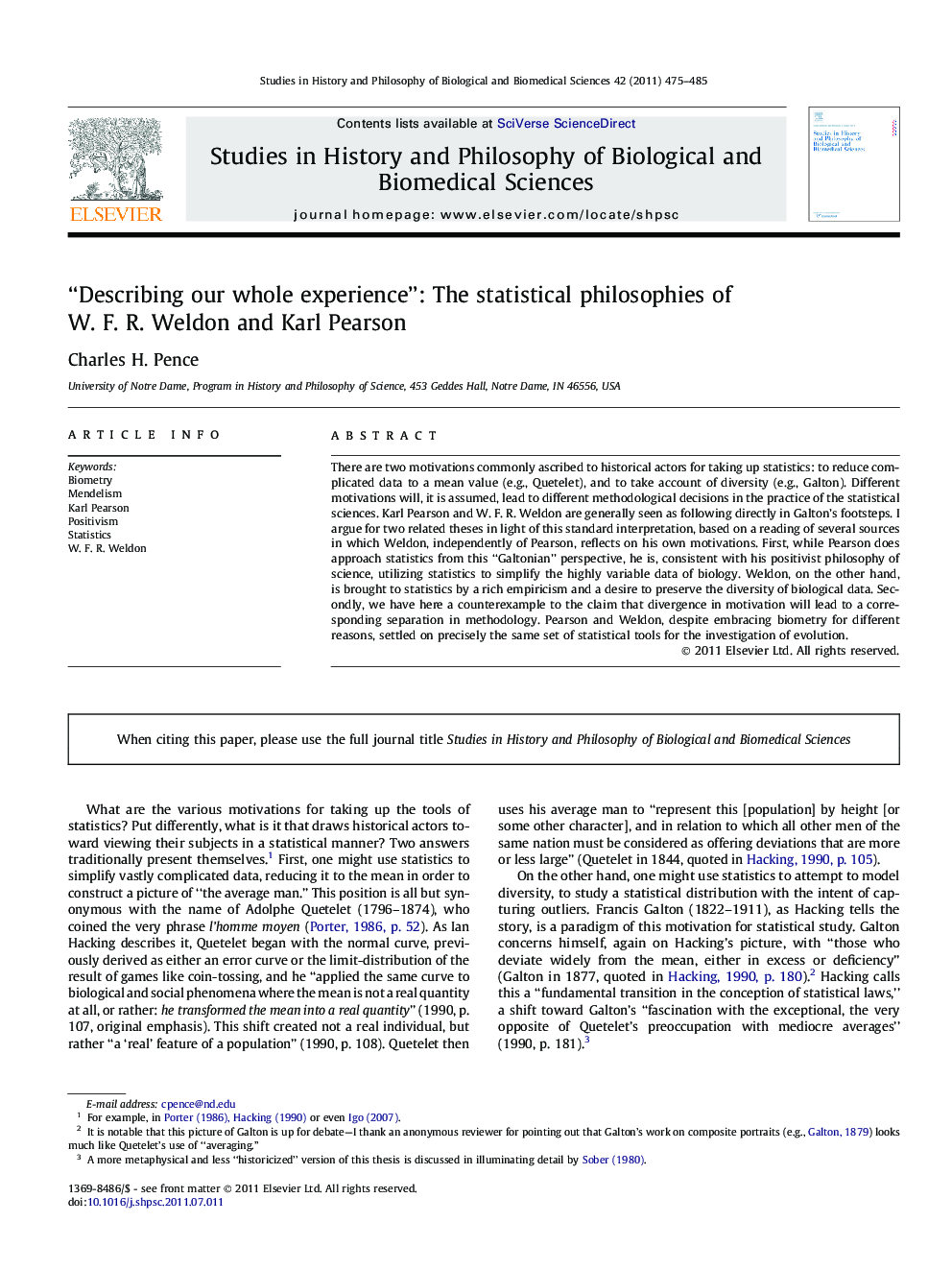 “Describing our whole experience”: The statistical philosophies of W. F. R. Weldon and Karl Pearson