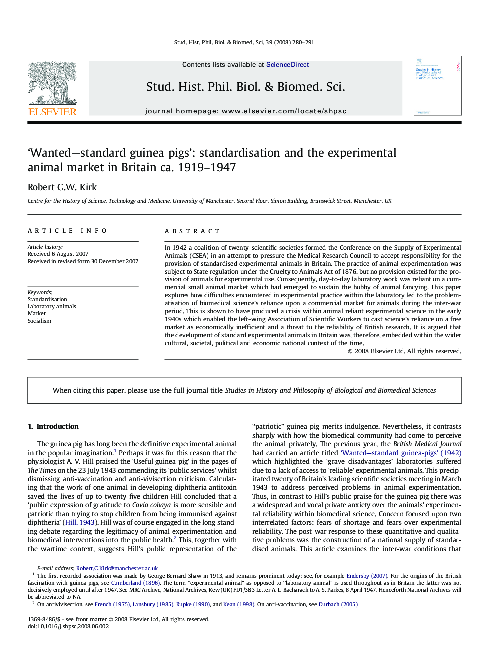 ‘Wanted—standard guinea pigs’: standardisation and the experimental animal market in Britain ca. 1919–1947