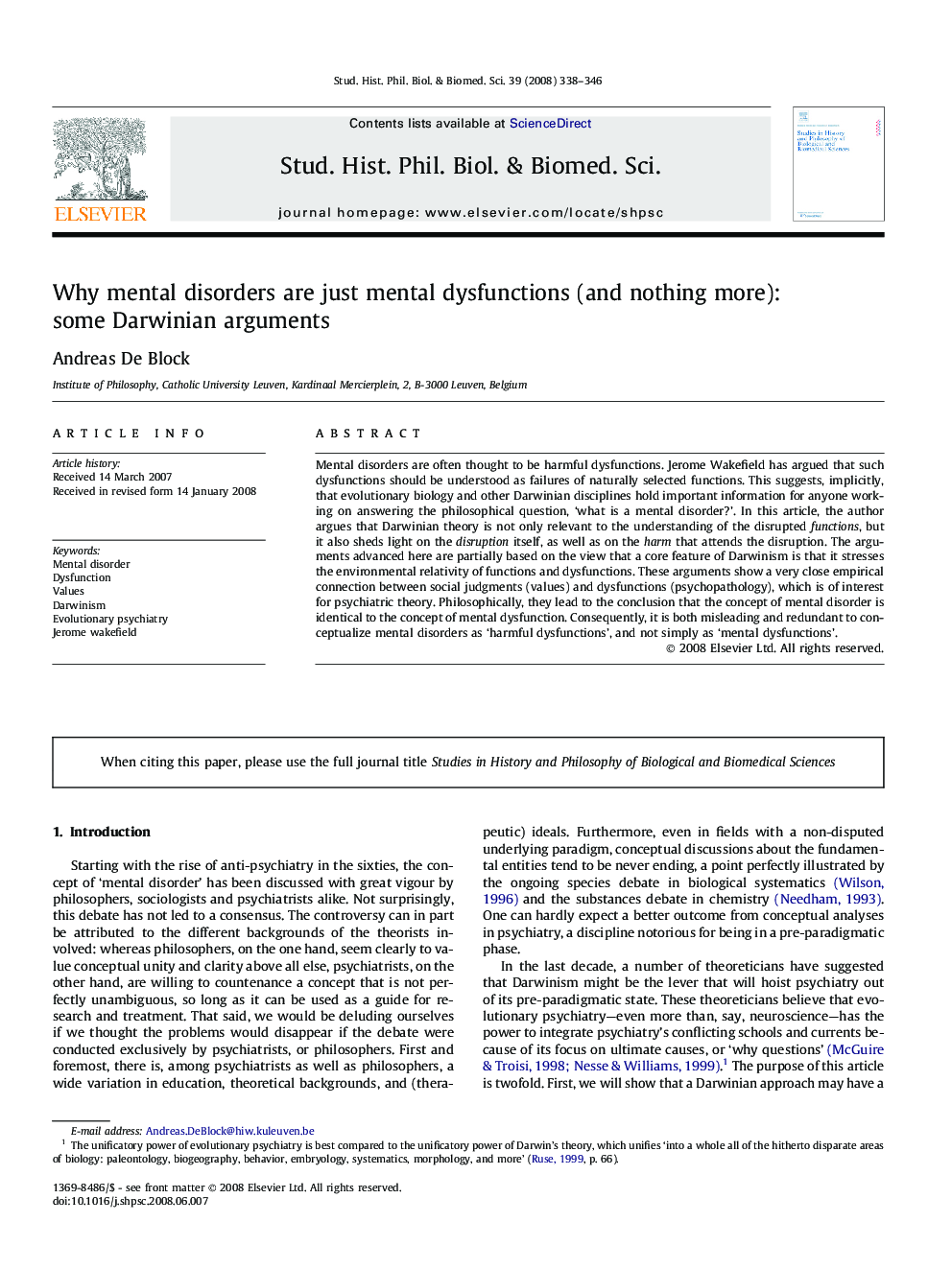 Why mental disorders are just mental dysfunctions (and nothing more): some Darwinian arguments