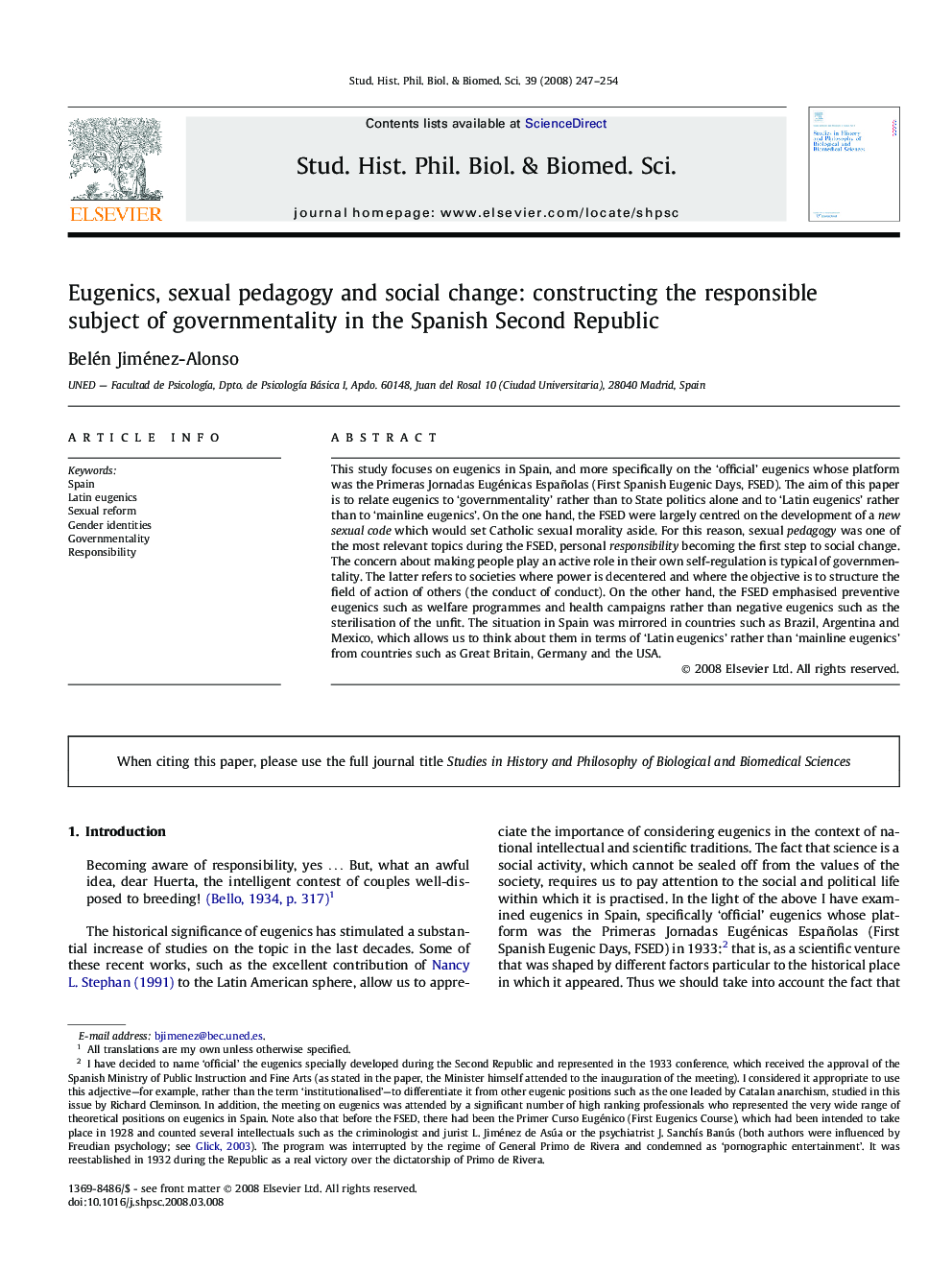 Eugenics, sexual pedagogy and social change: constructing the responsible subject of governmentality in the Spanish Second Republic