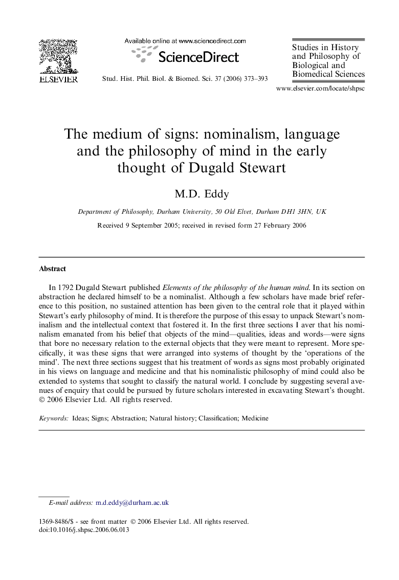 The medium of signs: nominalism, language and the philosophy of mind in the early thought of Dugald Stewart