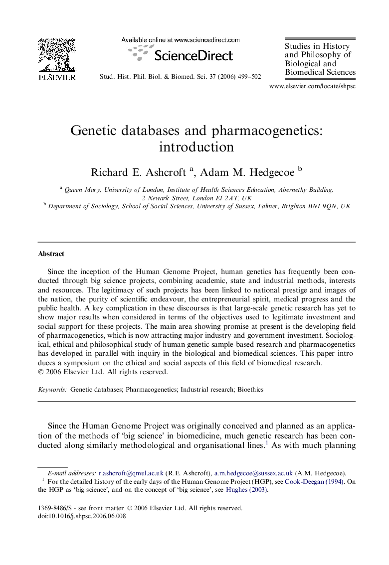 Genetic databases and pharmacogenetics: introduction