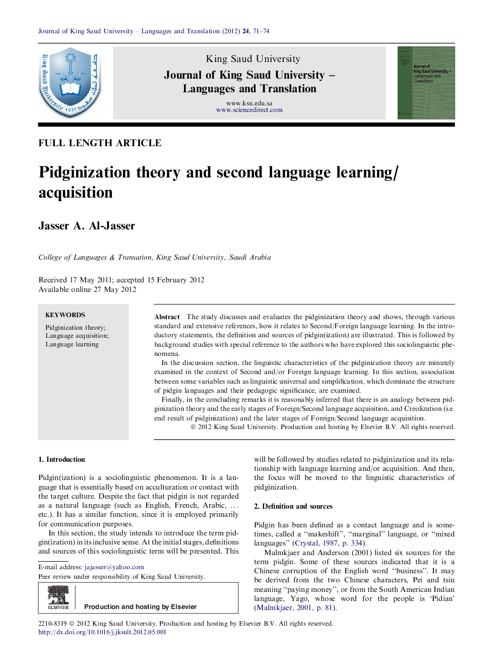 Pidginization theory and second language learning/acquisition 