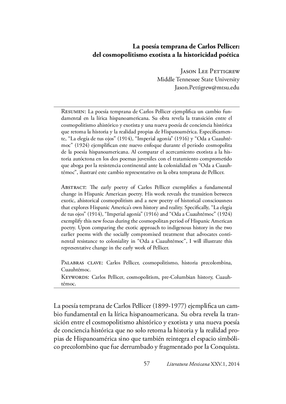 عکس صفحه اول مقاله: La poesía temprana de Carlos Pellicer: del cosmopolitismo exotista a la historicidad poética La poesía temprana de Carlos Pellicer: del cosmopolitismo exotista a la historicidad poética