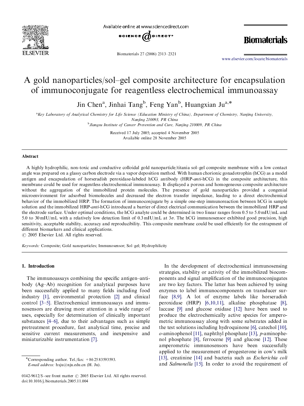 عکس صفحه اول مقاله: A gold nanoparticles/sol–gel composite architecture for encapsulation of immunoconjugate for reagentless electrochemical immunoassay A gold nanoparticles/sol–gel composite architecture for encapsulation of immunoconjugate for reagentless electrochemical immunoassay