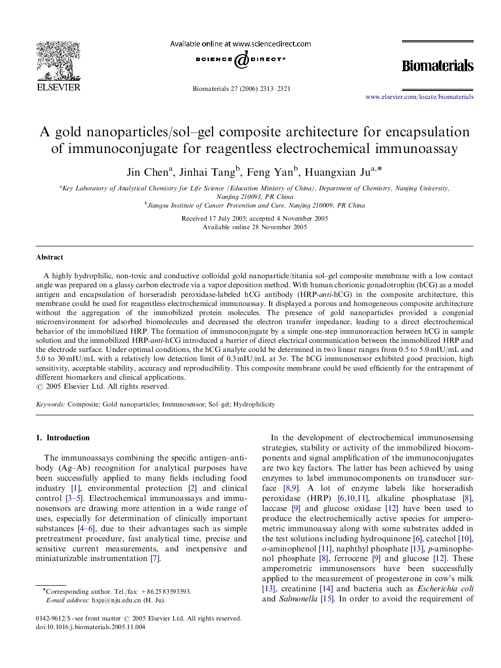 A gold nanoparticles/sol–gel composite architecture for encapsulation of immunoconjugate for reagentless electrochemical immunoassay