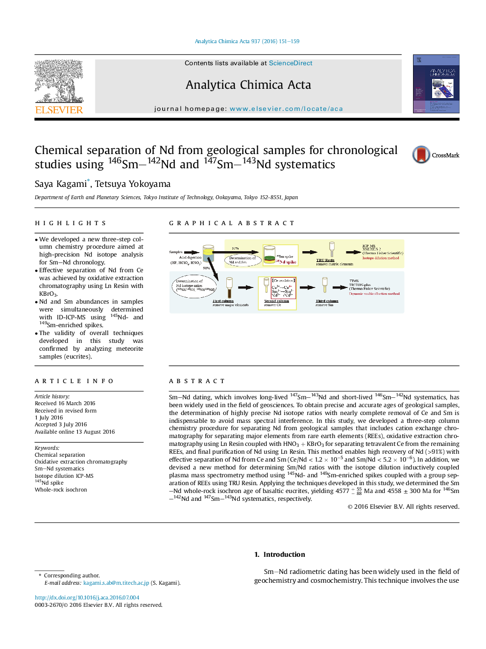 Chemical separation of Nd from geological samples for chronological studies using 146Sm–142Nd and 147Sm–143Nd systematics