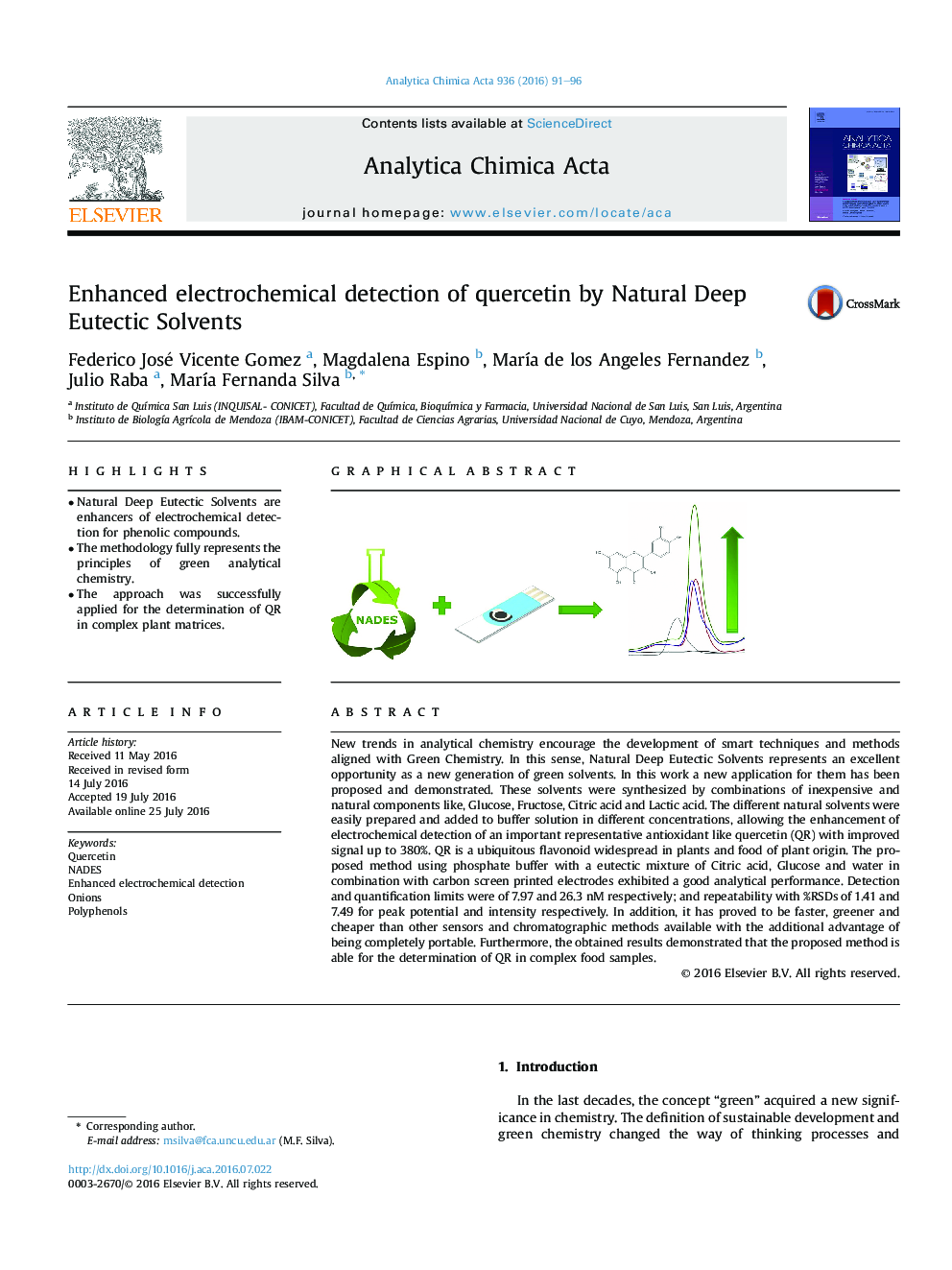 Enhanced electrochemical detection of quercetin by Natural Deep Eutectic Solvents