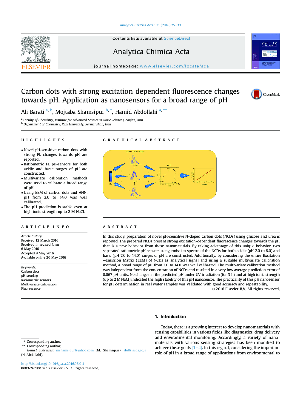 Carbon dots with strong excitation-dependent fluorescence changes towards pH. Application as nanosensors for a broad range of pH