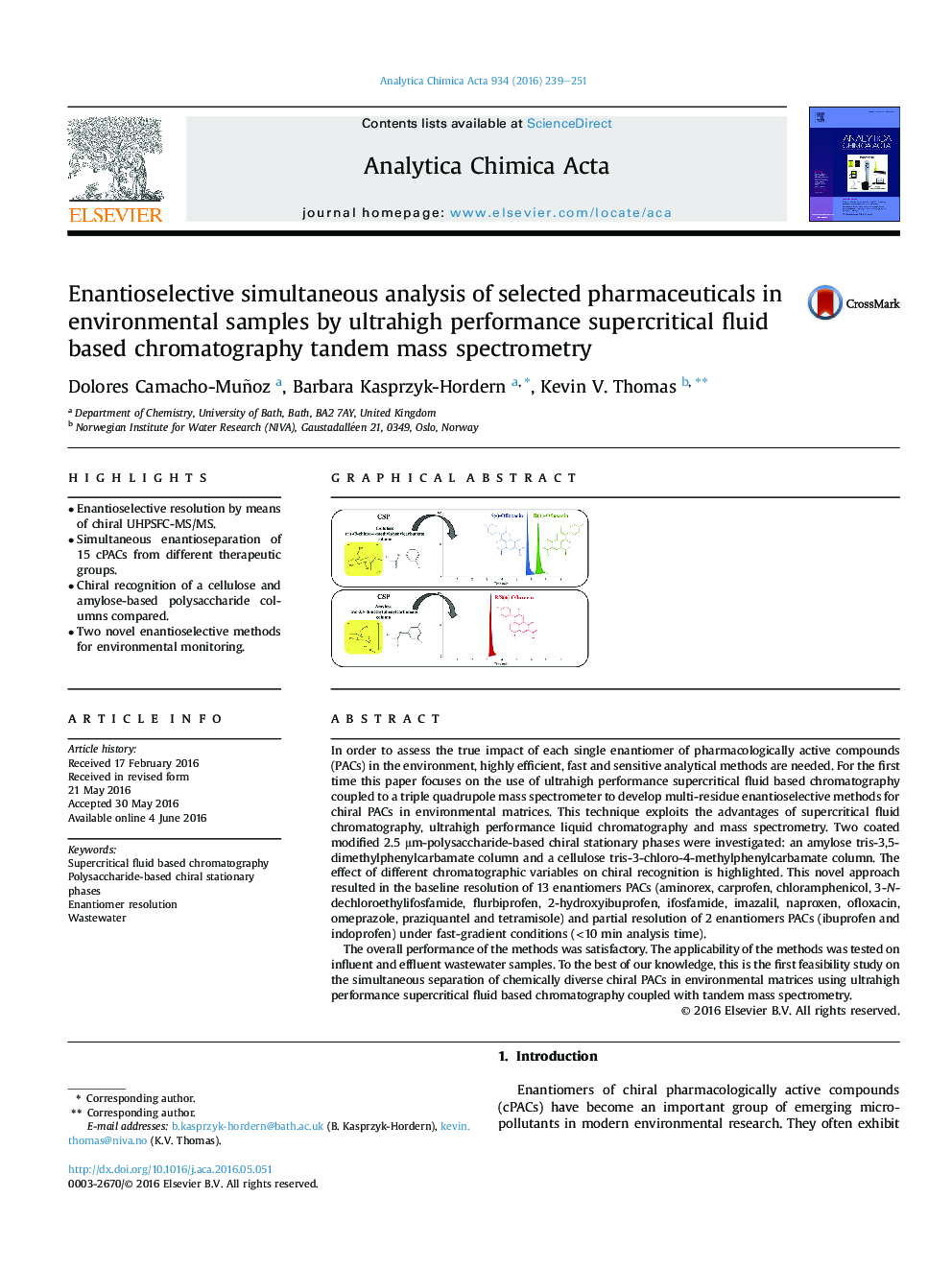 Enantioselective simultaneous analysis of selected pharmaceuticals in environmental samples by ultrahigh performance supercritical fluid based chromatography tandem mass spectrometry