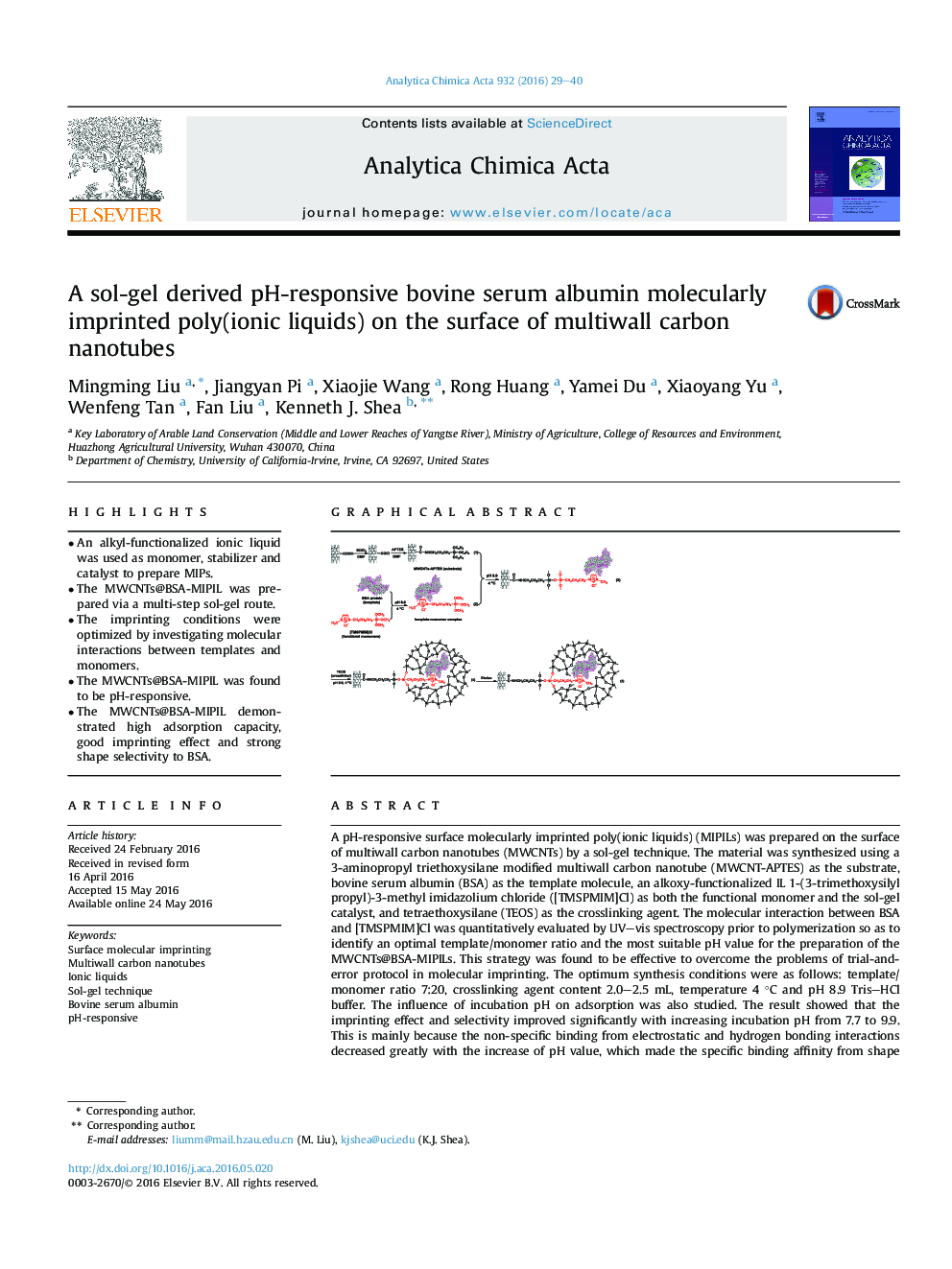 A sol-gel derived pH-responsive bovine serum albumin molecularly imprinted poly(ionic liquids) on the surface of multiwall carbon nanotubes