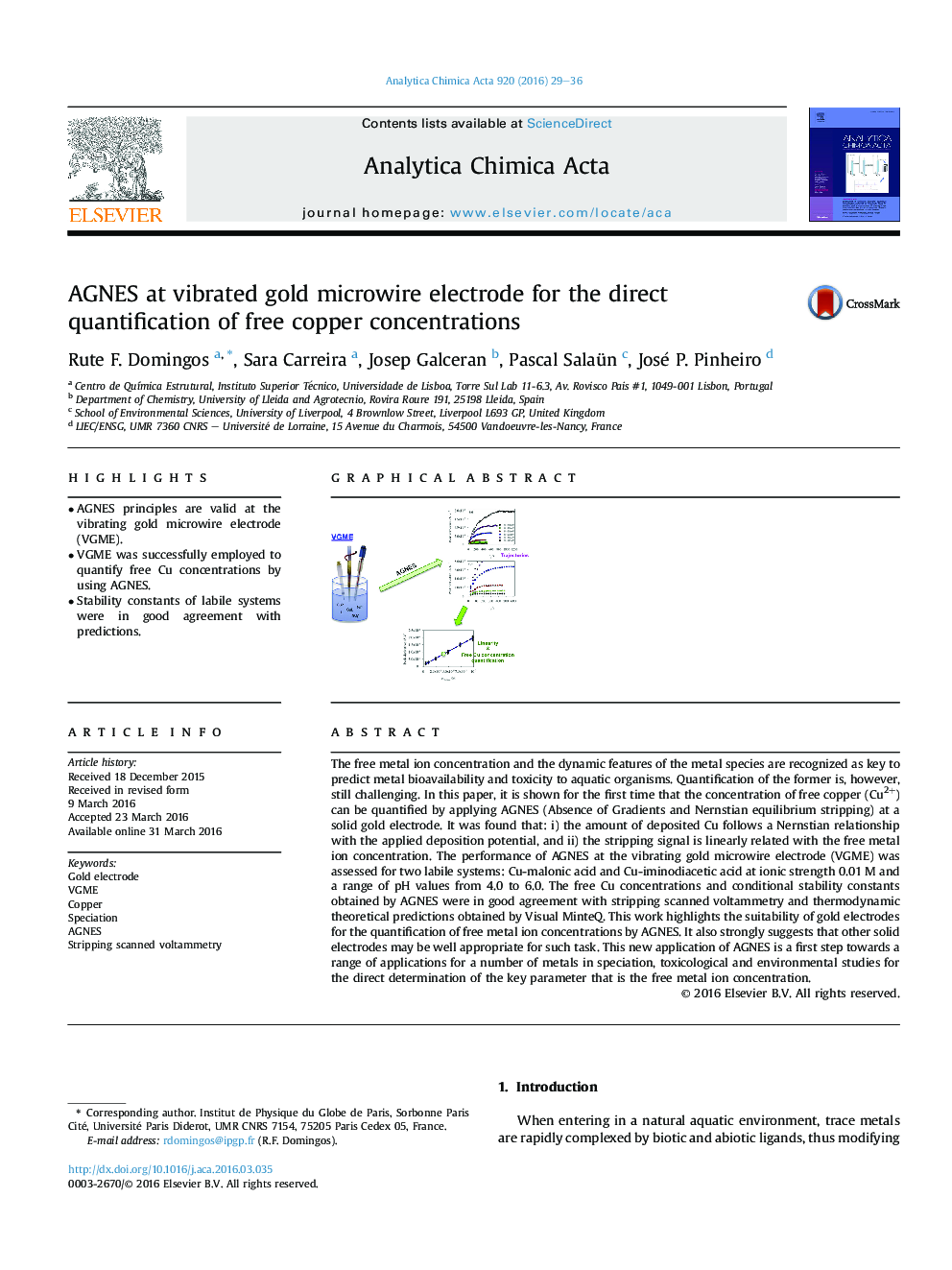 AGNES at vibrated gold microwire electrode for the direct quantification of free copper concentrations