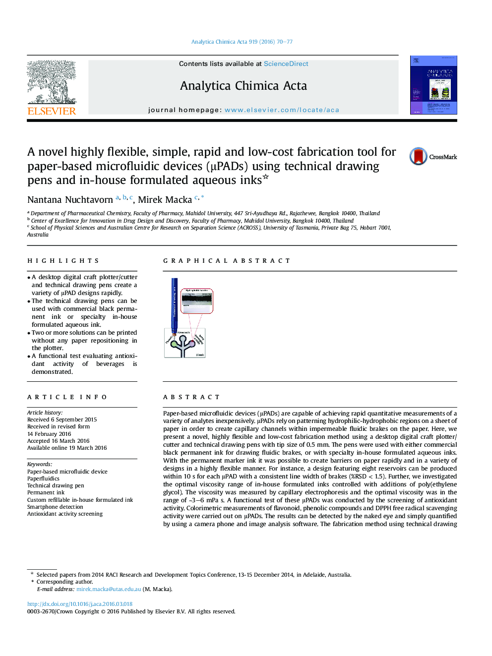 A novel highly flexible, simple, rapid and low-cost fabrication tool for paper-based microfluidic devices (μPADs) using technical drawing pens and in-house formulated aqueous inks 