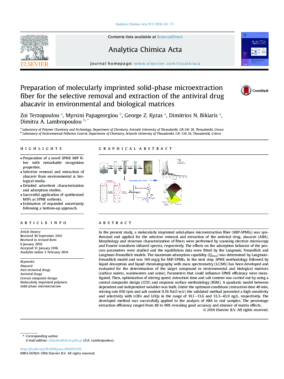 Preparation of molecularly imprinted solid-phase microextraction fiber for the selective removal and extraction of the antiviral drug abacavir in environmental and biological matrices