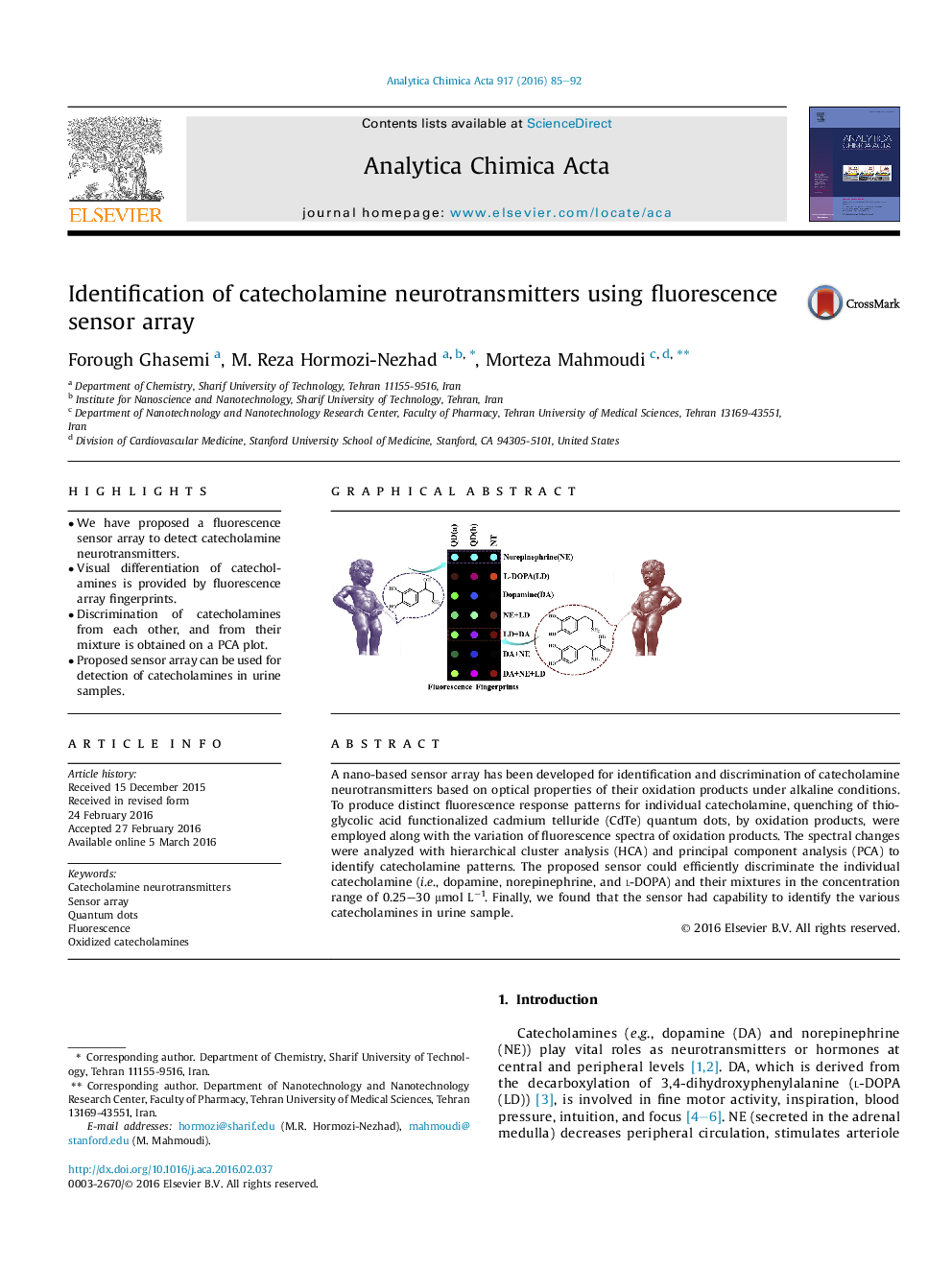 Identification of catecholamine neurotransmitters using fluorescence sensor array