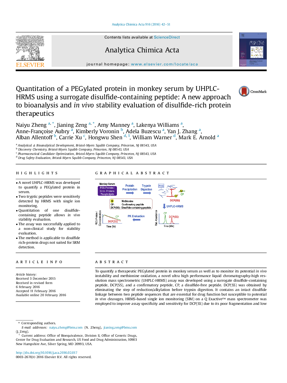 Quantitation of a PEGylated protein in monkey serum by UHPLC-HRMS using a surrogate disulfide-containing peptide: A new approach to bioanalysis and in vivo stability evaluation of disulfide-rich protein therapeutics