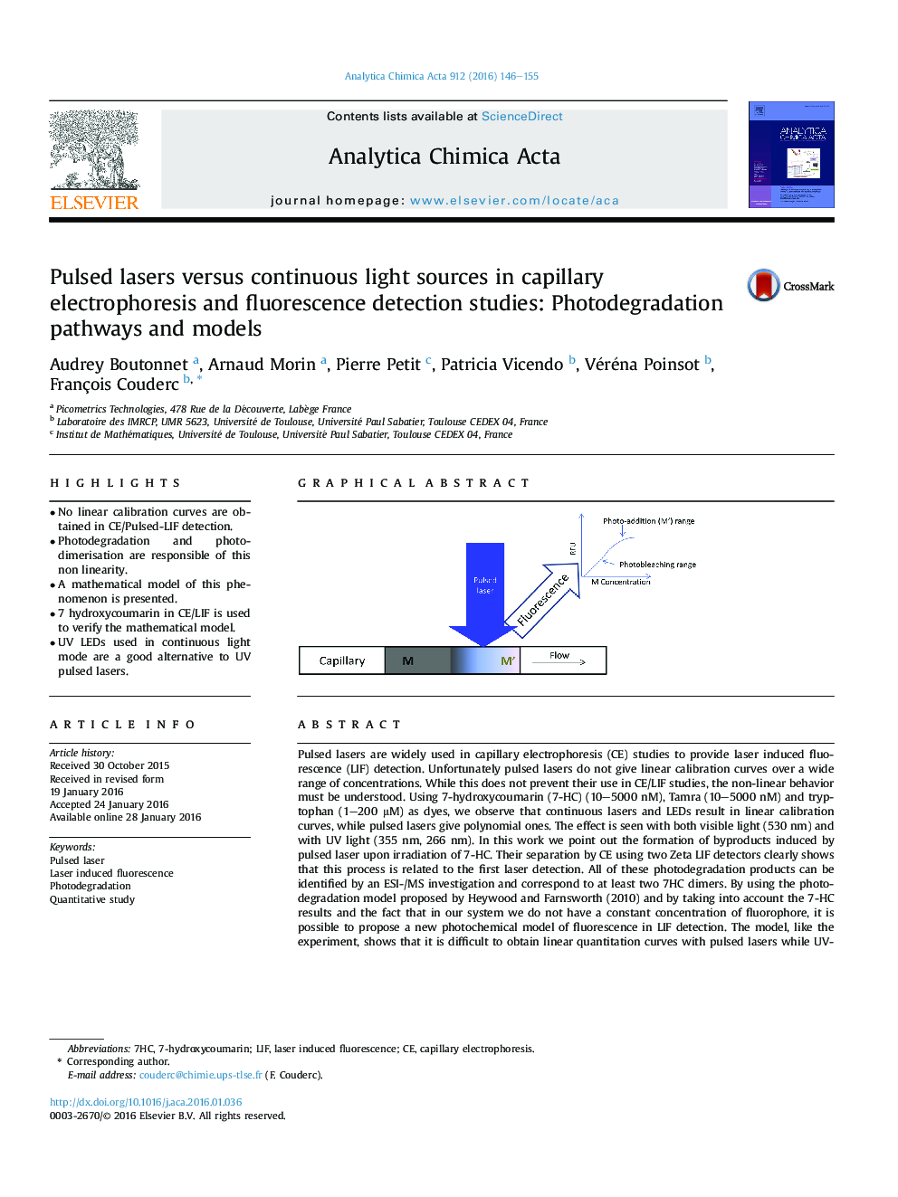 Pulsed lasers versus continuous light sources in capillary electrophoresis and fluorescence detection studies: Photodegradation pathways and models