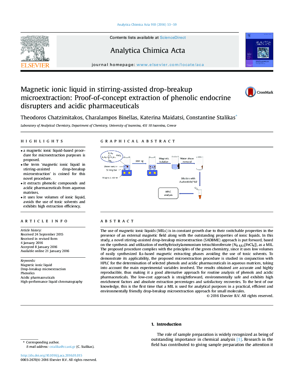 Magnetic ionic liquid in stirring-assisted drop-breakup microextraction: Proof-of-concept extraction of phenolic endocrine disrupters and acidic pharmaceuticals